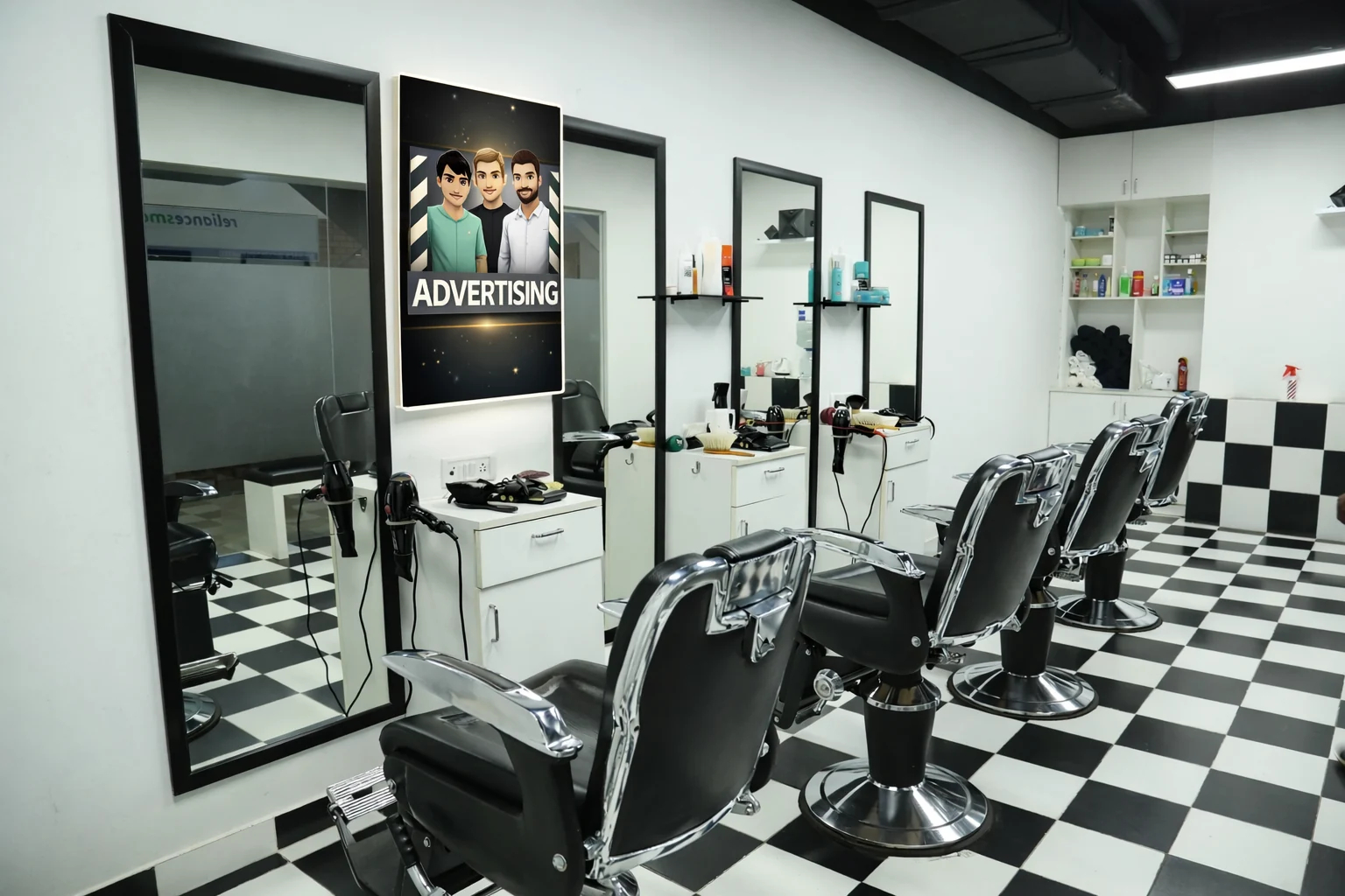 Quảng cáo tại barber shop — Phối cảnh nhận diện tại gương và khu vực ghế cắt