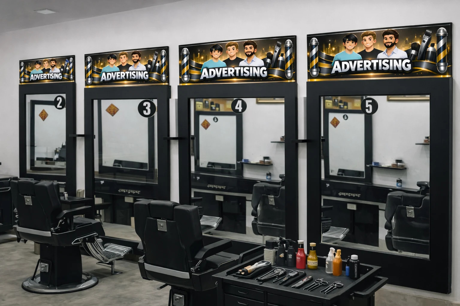 Quảng cáo tại barber shop — Phối cảnh cụm gương liên tiếp trong cửa hàng