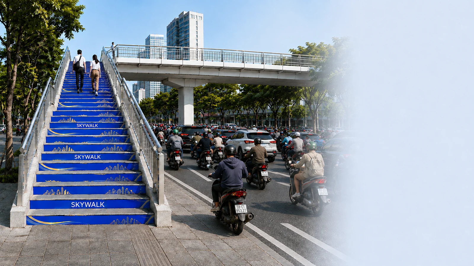Quảng cáo bậc thang & cầu đi bộ — Phối cảnh cầu đi bộ nhìn từ không gian đường phố