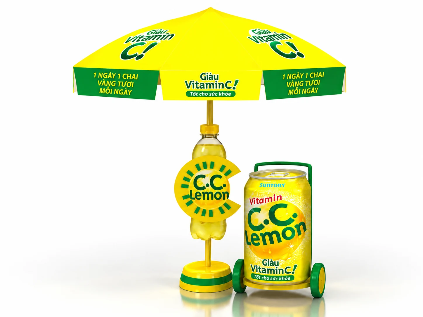 C.C. Lemon — Phối cảnh dù quảng cáo và xe đẩy hình lon